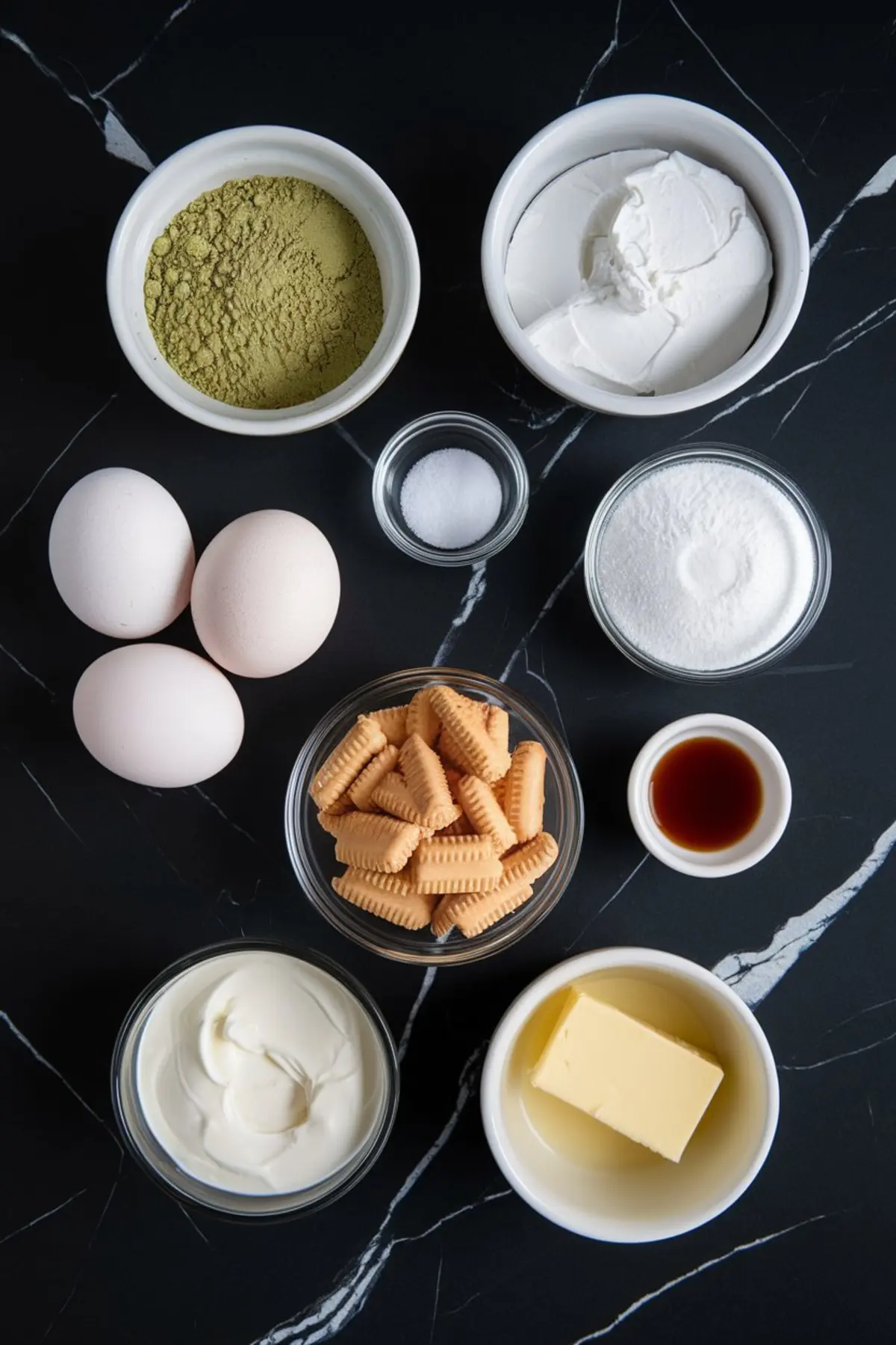 Flat-lay photo of baking ingredients for matcha cheesecake arranged on a black marble surface, including matcha powder, cream cheese, sugar, eggs, vanilla extract, cookies, sour cream, butter, and salt.