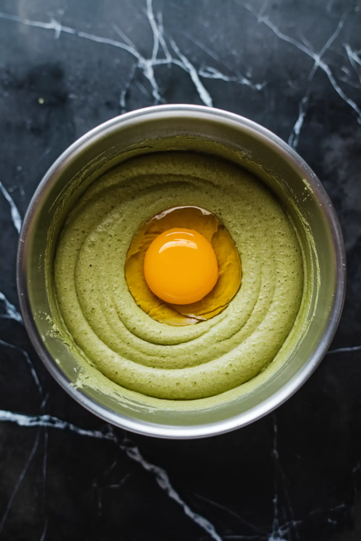 Egg yolk resting on whipped matcha cheesecake batter in a metal bowl, showing step in baked matcha cheesecake recipe preparation