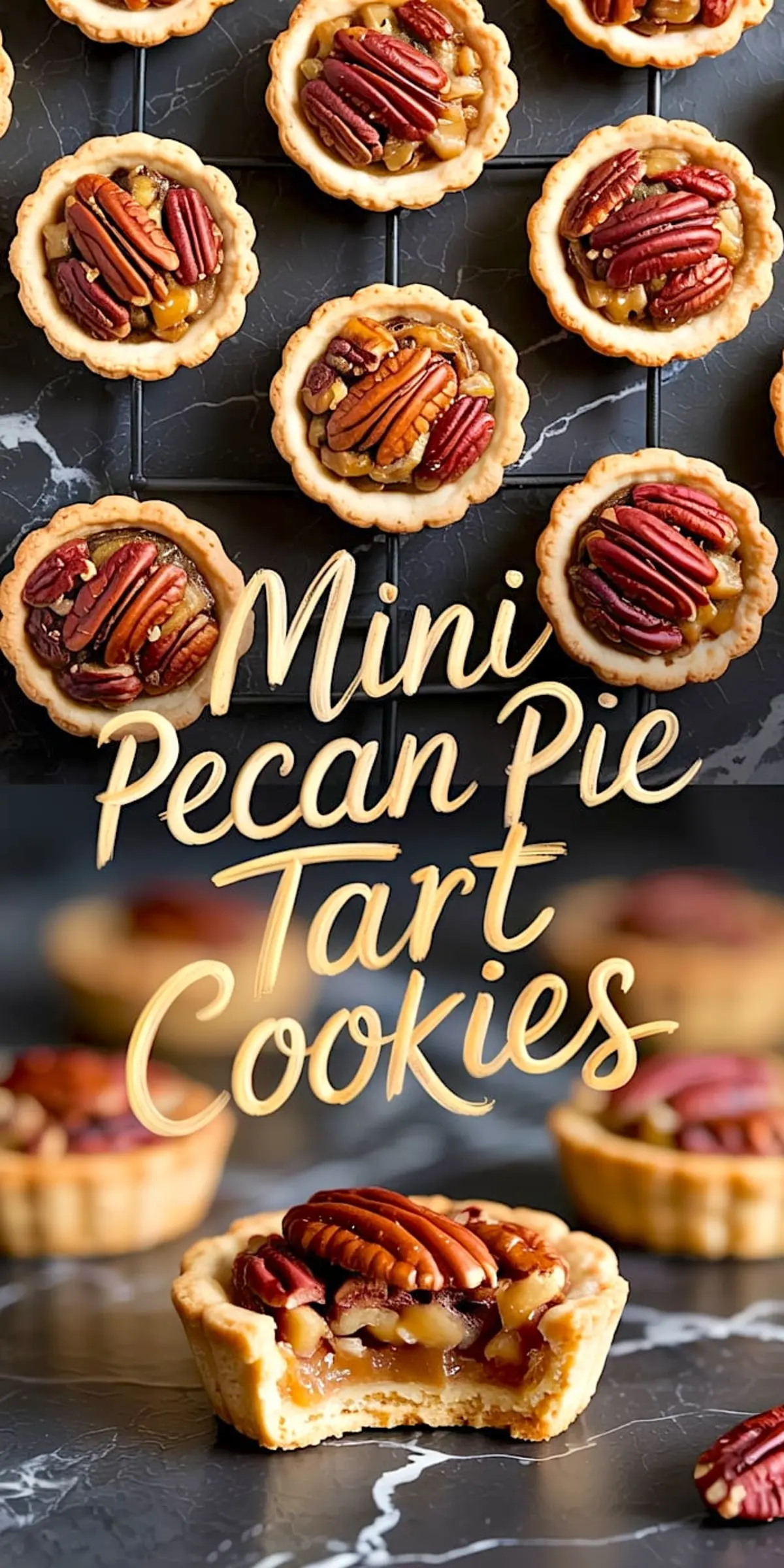 Overhead and close-up views of mini pecan pie tart cookies arranged on a dark marble surface. These bite-sized desserts have golden shortbread crusts filled with gooey caramelized pecan filling and are topped with whole toasted pecans for a rich, nutty texture.