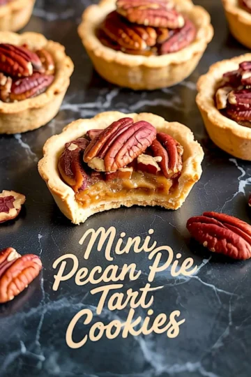 Close-up shot of a mini pecan tart cookie with a bite taken out, revealing the sticky pecan pie filling. The flaky tart shell and glossy pecan topping sit on a dark marble background, surrounded by additional mini tarts and loose pecan halves.