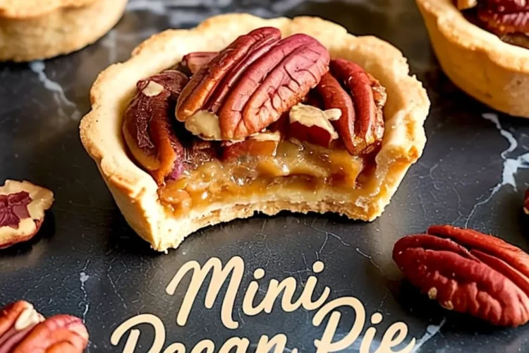 Close-up shot of a mini pecan tart cookie with a bite taken out, revealing the sticky pecan pie filling. The flaky tart shell and glossy pecan topping sit on a dark marble background, surrounded by additional mini tarts and loose pecan halves.