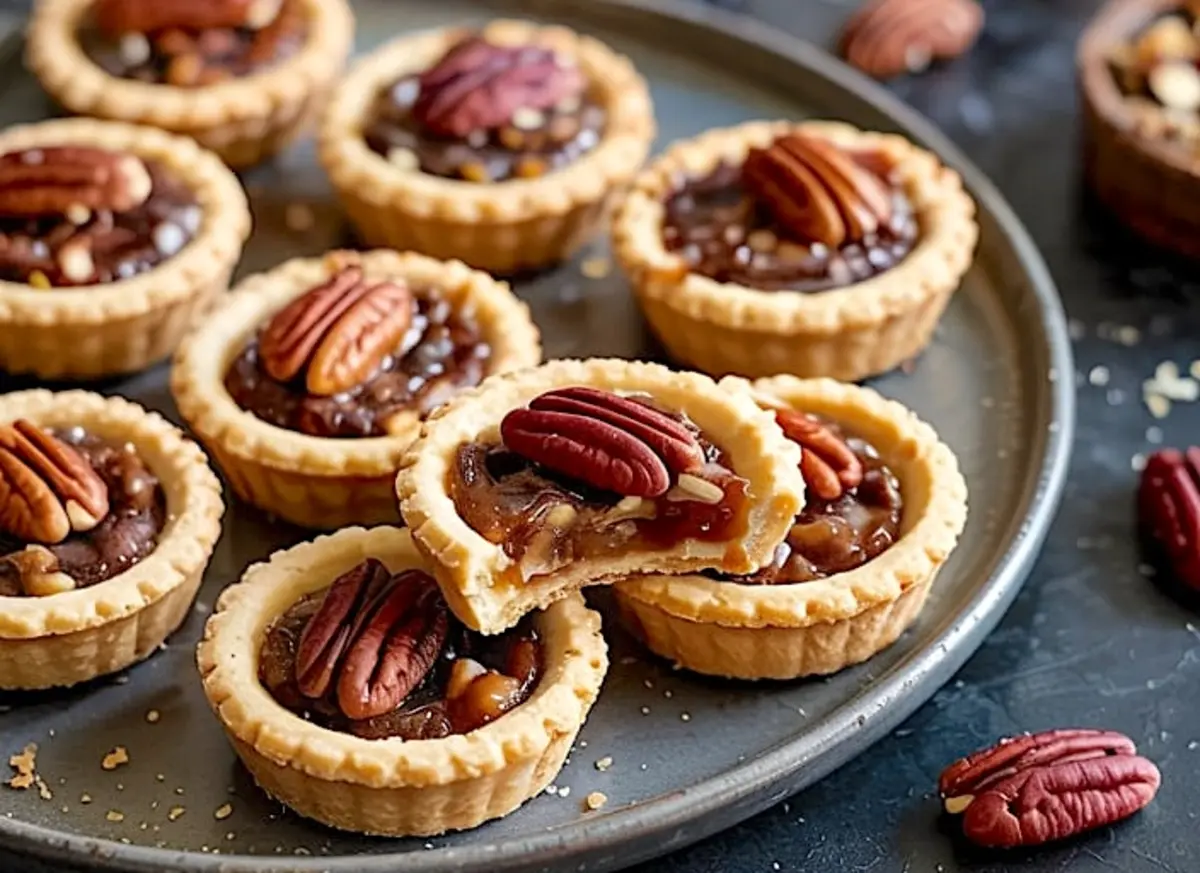 Round metal tray filled with mini pecan tart cookies, with one tart turned to display its gooey center. The cookies are topped with large pecan halves and feature a golden crust and rich brown filling.