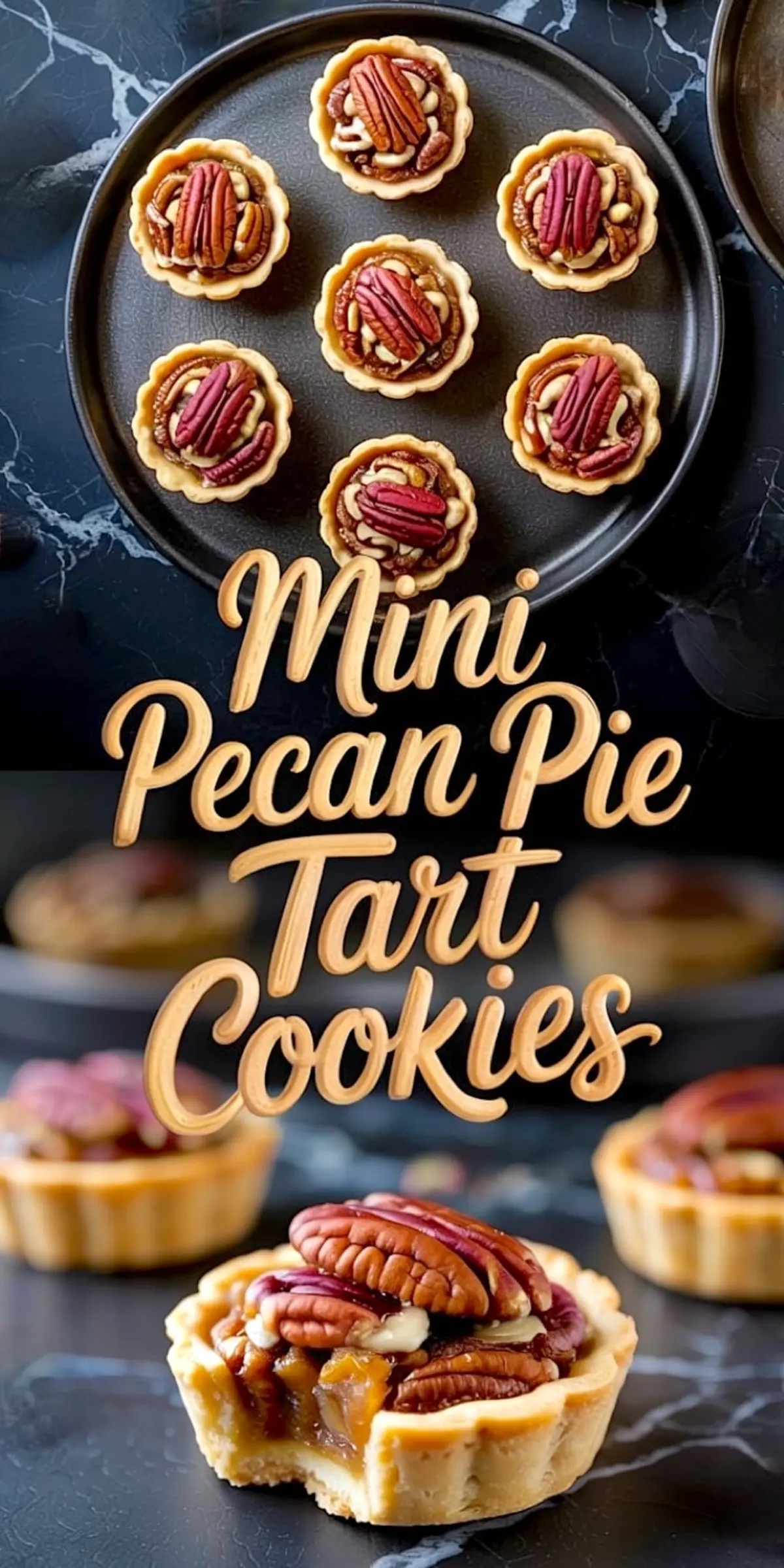 A collage showing a tray of mini pecan tart cookies from above and a close-up of one cookie with glossy pecans and thick caramel filling. The dark marble background enhances the warm tones of the tarts and nuts.