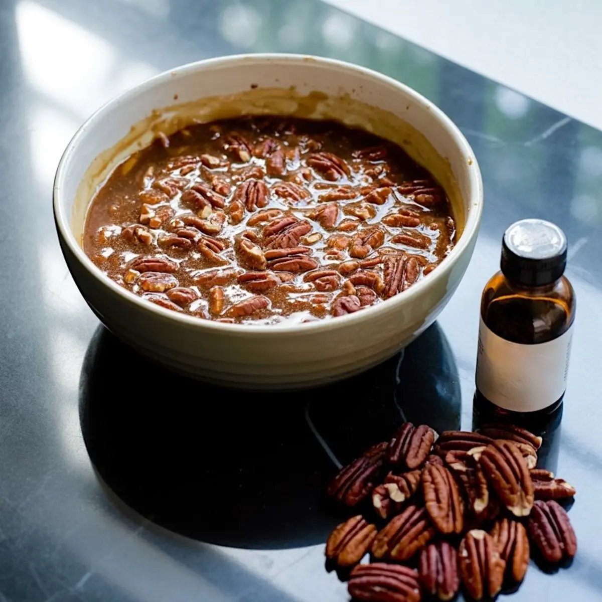 A large ceramic bowl filled with brown sugar and chopped pecan pie filling mixture. A pile of whole pecans and a small bottle of vanilla extract sit next to the bowl on a reflective black surface.