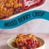 Golden-baked mixed berry crisp in a rectangular dish with bubbling berry juices, shown with a serving in a bowl featuring a thick oat crumble and juicy mixed berries. This triple berry crisp blends the comfort of a blackberry crisp recipe with the appeal of a raspberry crisp.