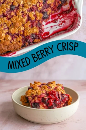 Golden-baked mixed berry crisp in a rectangular dish with bubbling berry juices, shown with a serving in a bowl featuring a thick oat crumble and juicy mixed berries. This triple berry crisp blends the comfort of a blackberry crisp recipe with the appeal of a raspberry crisp.