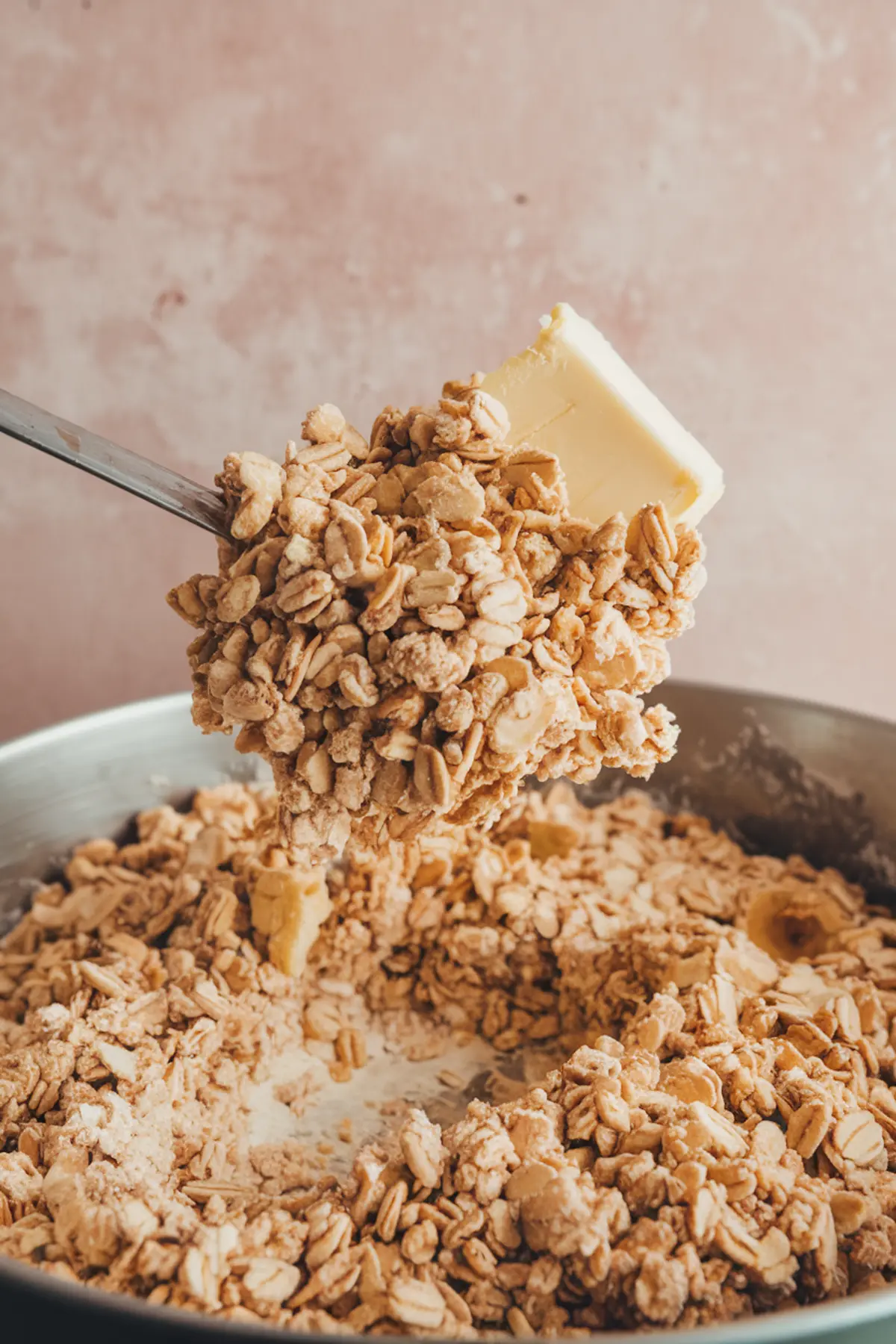 Close-up of oat crumble topping mixture with cubed butter in a bowl, ready to be added to a berry crisp. This shows the buttery topping preparation for a berry crisp recipe crumble topping made with oats and brown sugar.
