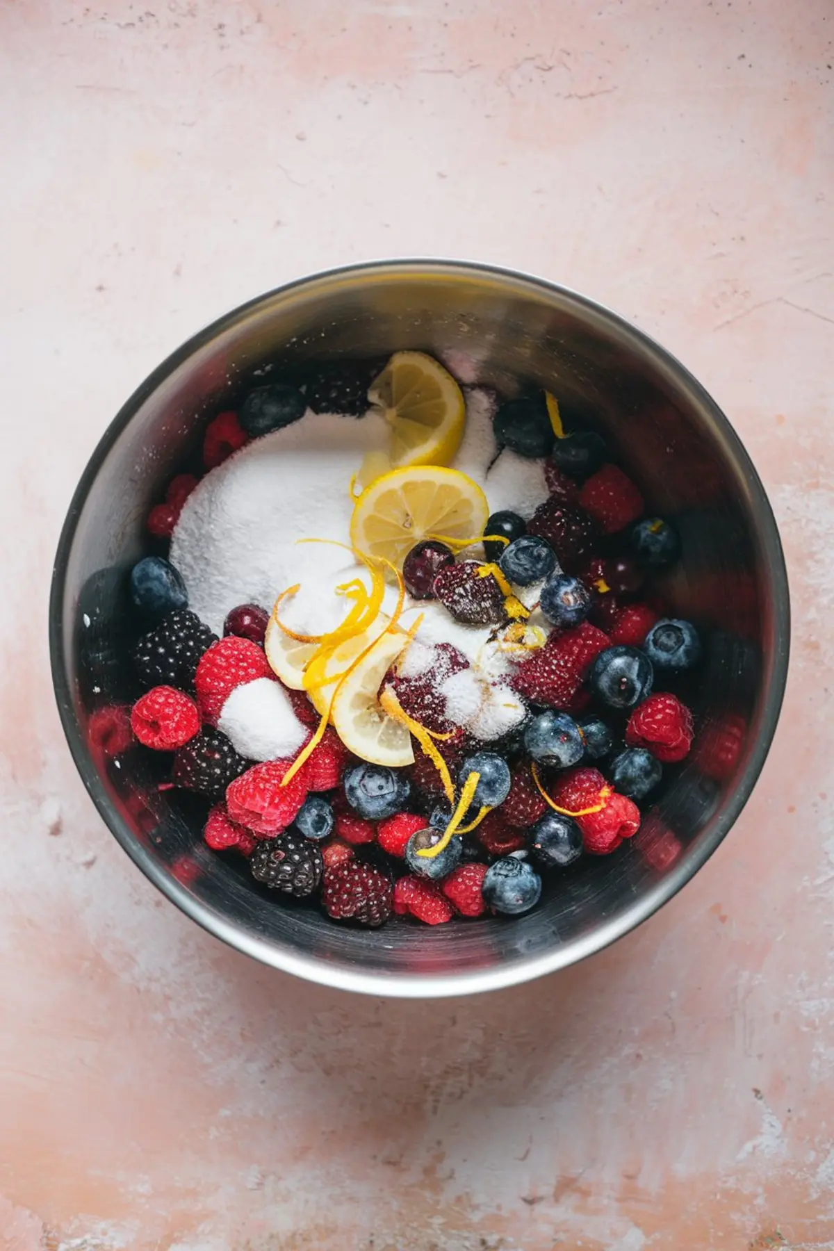 Fresh raspberries, blackberries, and blueberries in a mixing bowl with sugar, lemon slices, and zest. This vibrant mix is the fruit base for a triple berry cobbler or mixed berry crisp recipe with frozen or fresh fruit.
