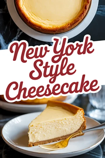 Collage showing a full New York cheesecake in a springform pan and a slice on a decorative white plate with a gold fork. The text “New York Style Cheesecake” highlights this classic cheesecake recipes Philadelphia aesthetic.