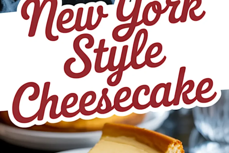 Collage showing a full New York cheesecake in a springform pan and a slice on a decorative white plate with a gold fork. The text “New York Style Cheesecake” highlights this classic cheesecake recipes Philadelphia aesthetic.