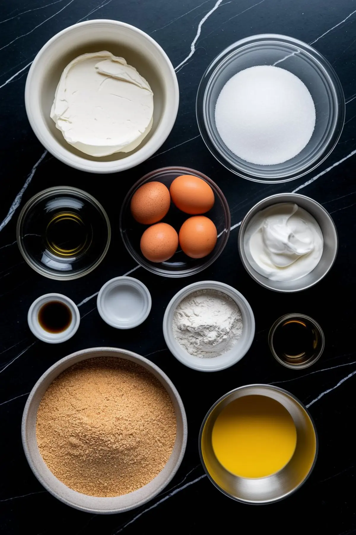 Flat lay of cheesecake ingredients on a dark marble surface, including cream cheese, sugar, eggs, sour cream, flour, butter, vanilla extract, and graham cracker crumbs, used for New York cheesecake recipes easy.
