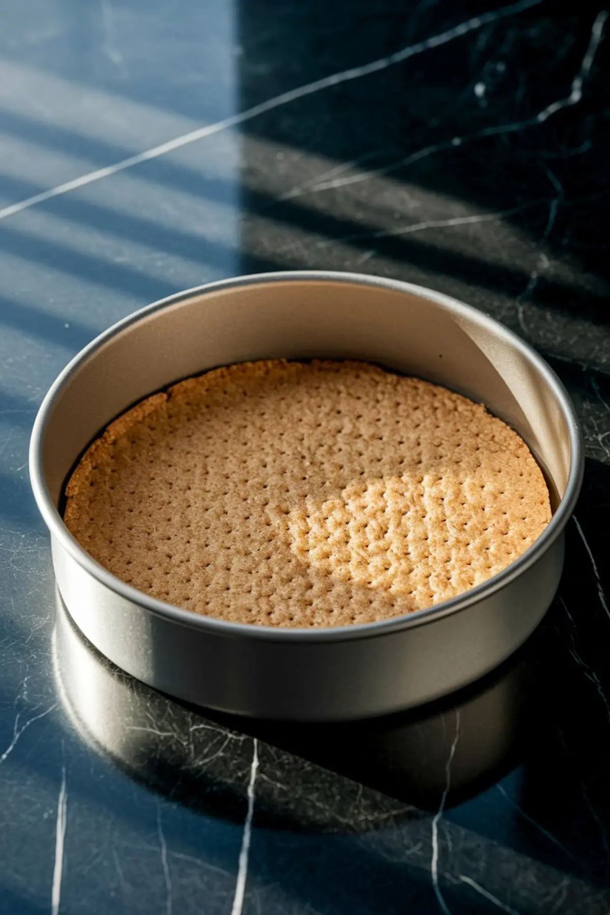 A golden-brown graham cracker crust baked in a round springform pan, set on a dark marble countertop. This crust forms the base of a tall and creamy New York cheesecake.
