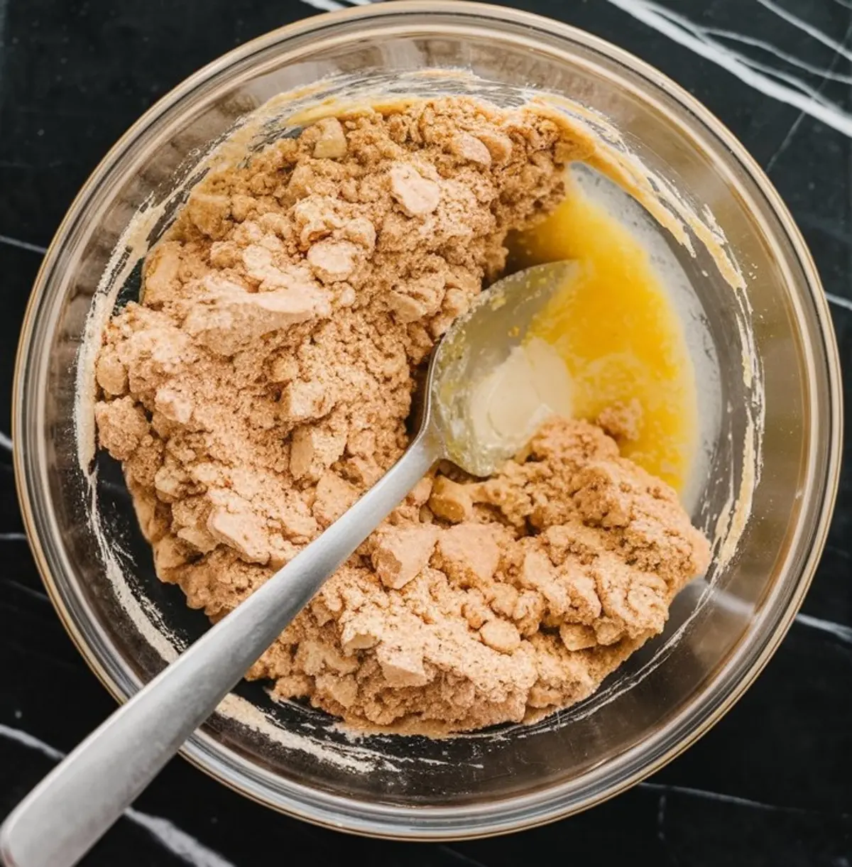 Mixture of crushed cookies and melted butter in a glass bowl being stirred with a metal spoon, forming the base for a no-bake cheesecake crust.
