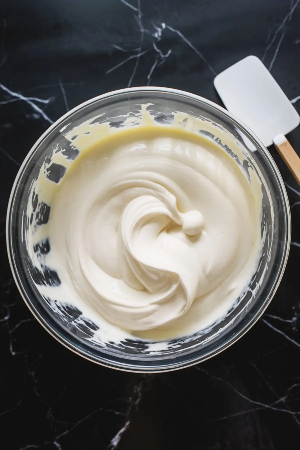 Whipped cheesecake filling in a clear glass mixing bowl, with smooth and creamy texture, placed on a black marble background with a silicone spatula on the side.