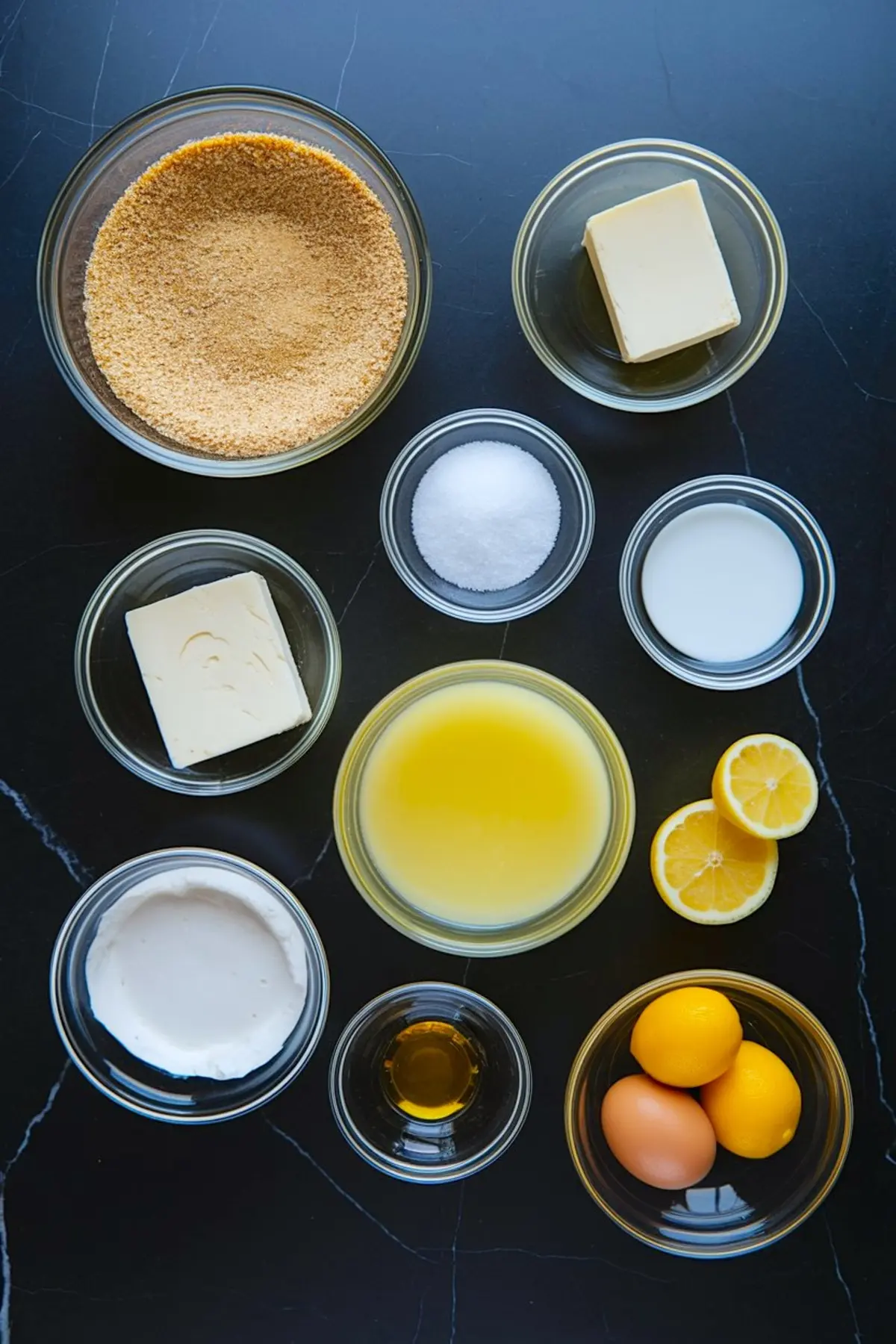 Overhead shot of individual ingredients for no-bake lemon cheesecake, including graham cracker crumbs, butter, sugar, milk, cream cheese, lemon juice, vanilla extract, eggs, and fresh lemons.
