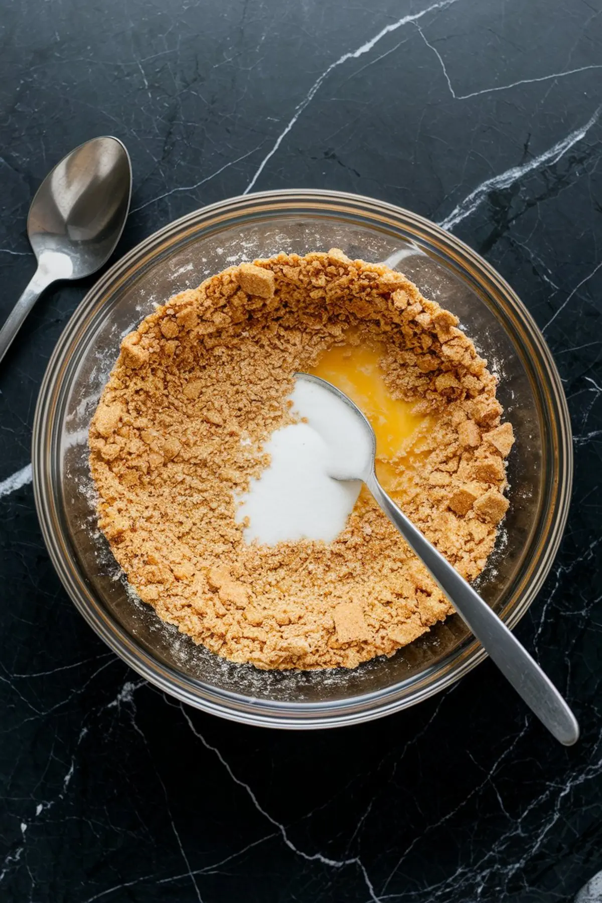 Crushed graham crackers in a glass mixing bowl with sugar and melted butter being stirred with a spoon on a black marble surface.