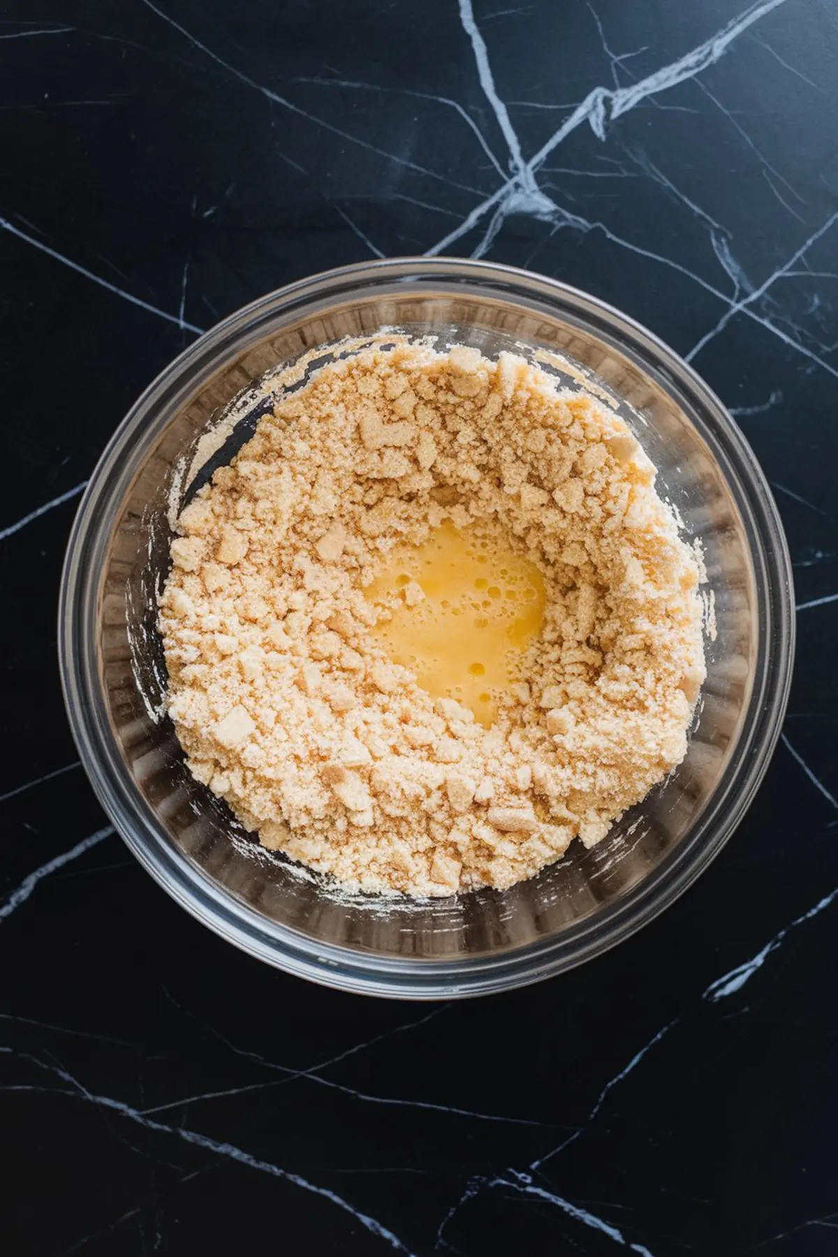 Clear glass bowl on a black marble surface filled with crushed graham crackers and melted butter forming a well, showing early steps of making a cheesecake crust.