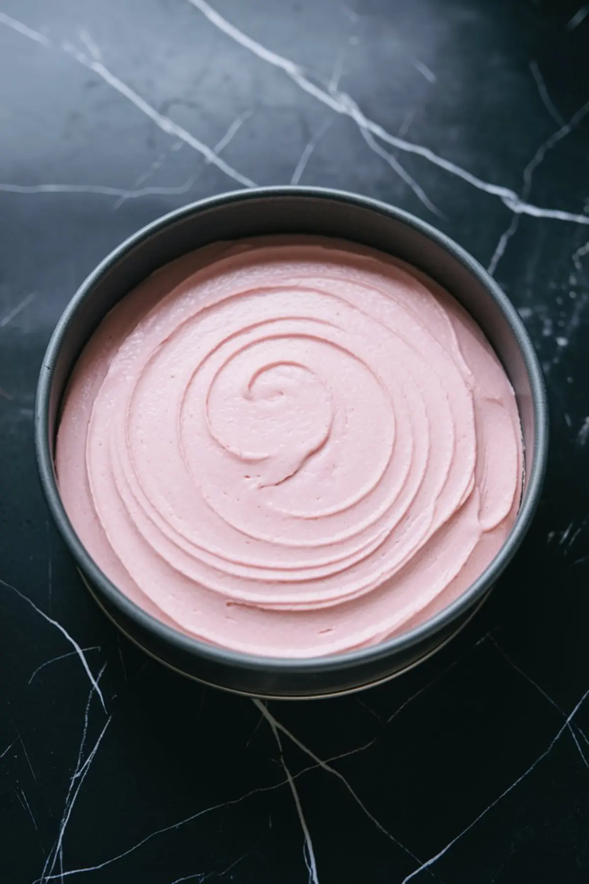 Strawberry cheesecake filling with a smooth swirl pattern evenly spread in a springform pan, showcasing the creamy pink mixture before setting.