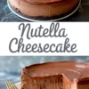 Decadent Nutella no bake cheesecake with a smooth hazelnut chocolate layer and Oreo crust, featured whole and in a sliced view with a creamy, mousse-like texture, great for Nutella cake recipes.