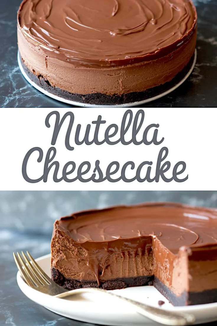 Decadent Nutella no bake cheesecake with a smooth hazelnut chocolate layer and Oreo crust, featured whole and in a sliced view with a creamy, mousse-like texture, great for Nutella cake recipes.