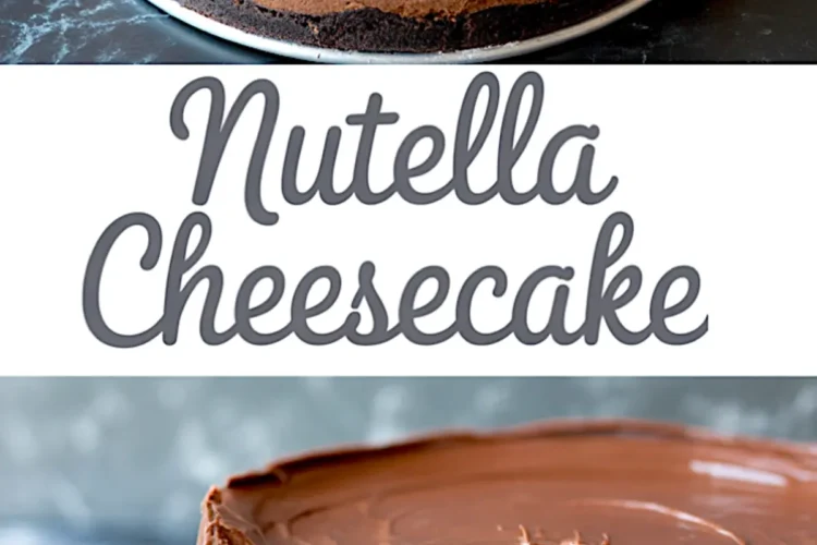 Decadent Nutella no bake cheesecake with a smooth hazelnut chocolate layer and Oreo crust, featured whole and in a sliced view with a creamy, mousse-like texture, great for Nutella cake recipes.