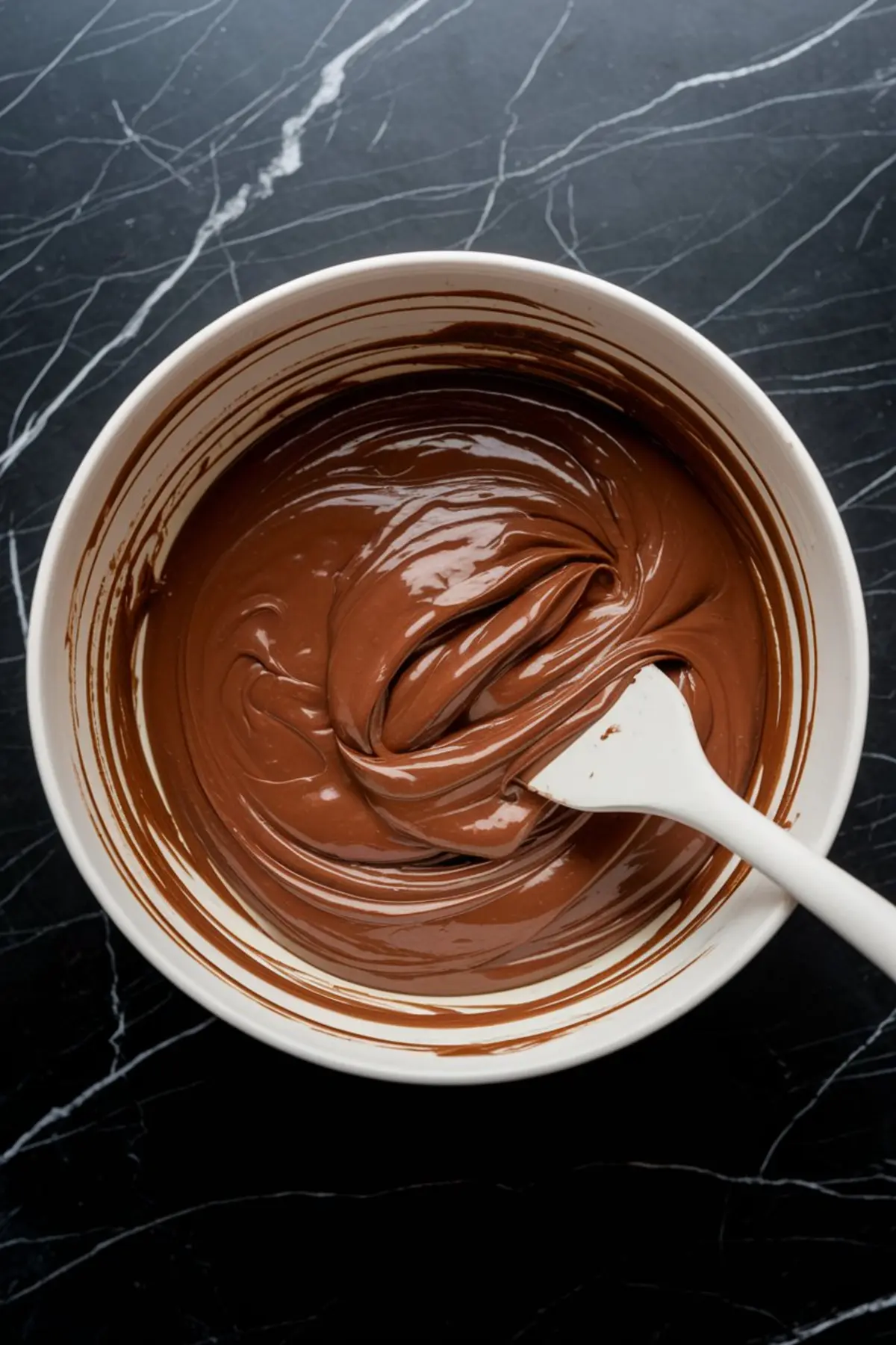Close-up of thick Nutella dessert mixture in a white bowl with a spatula, emphasizing the glossy, chocolate-hazelnut blend used in Nutella mousse and cheesecake recipes.