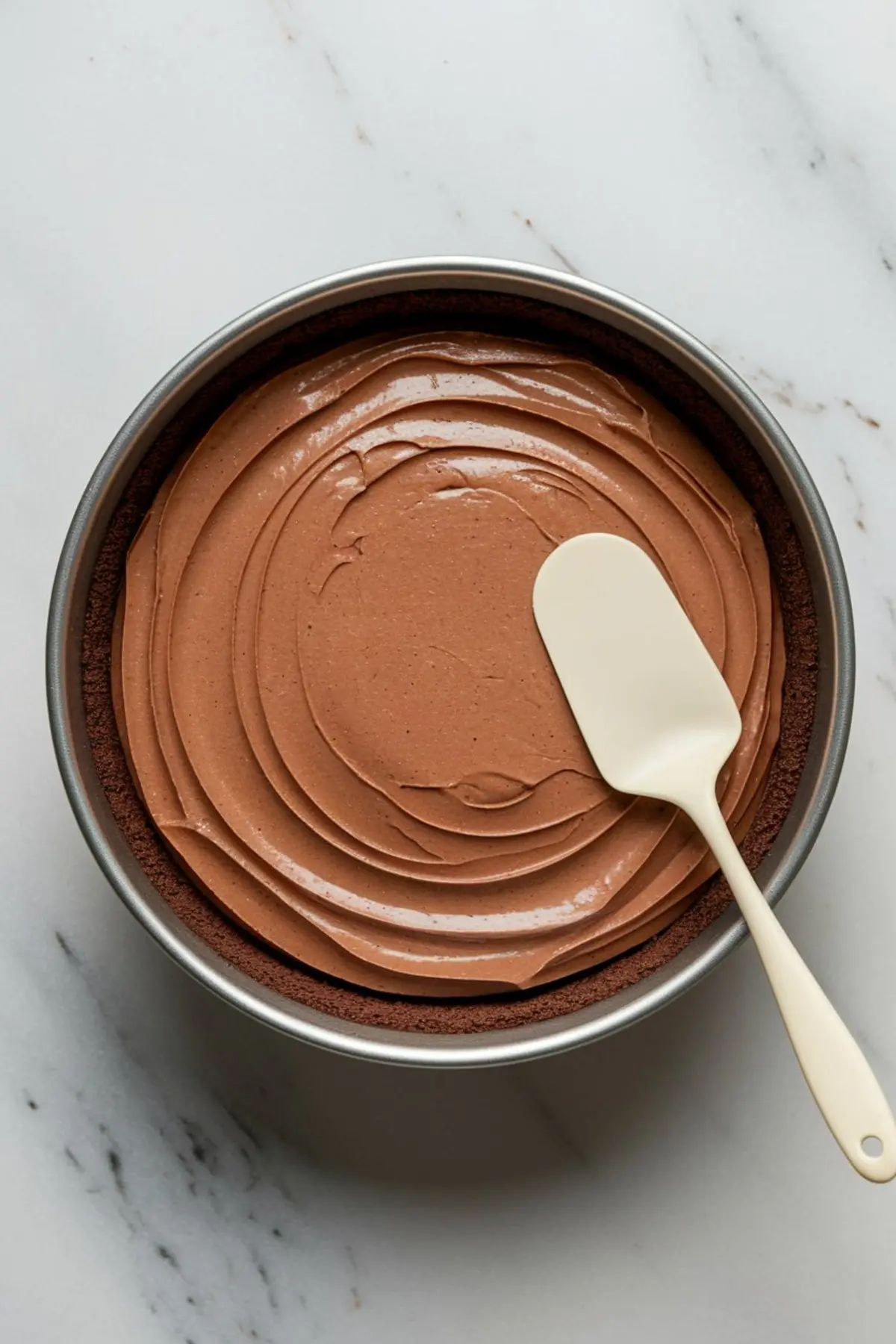 Nutella cheesecake filling being smoothed in a pan with a rubber spatula, highlighting the creamy texture and prep stage of a Nutella no bake cheesecake.