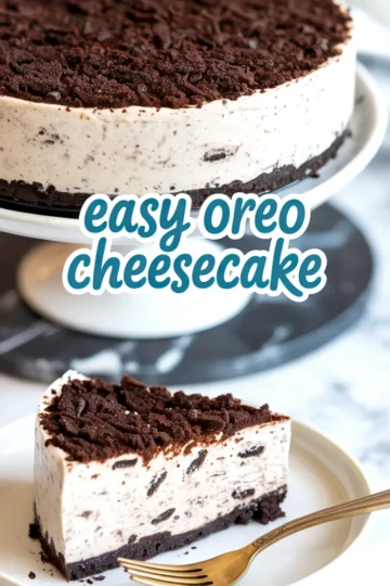 Whole Oreo cheesecake on a white cake stand with a chocolate cookie crust and cookie crumb topping—easy Oreo cheesecake for cookies and cream lovers.