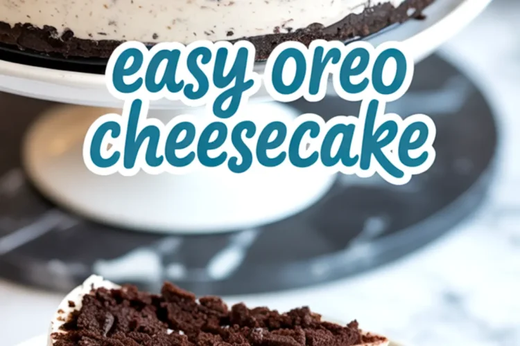Whole Oreo cheesecake on a white cake stand with a chocolate cookie crust and cookie crumb topping—easy Oreo cheesecake for cookies and cream lovers.