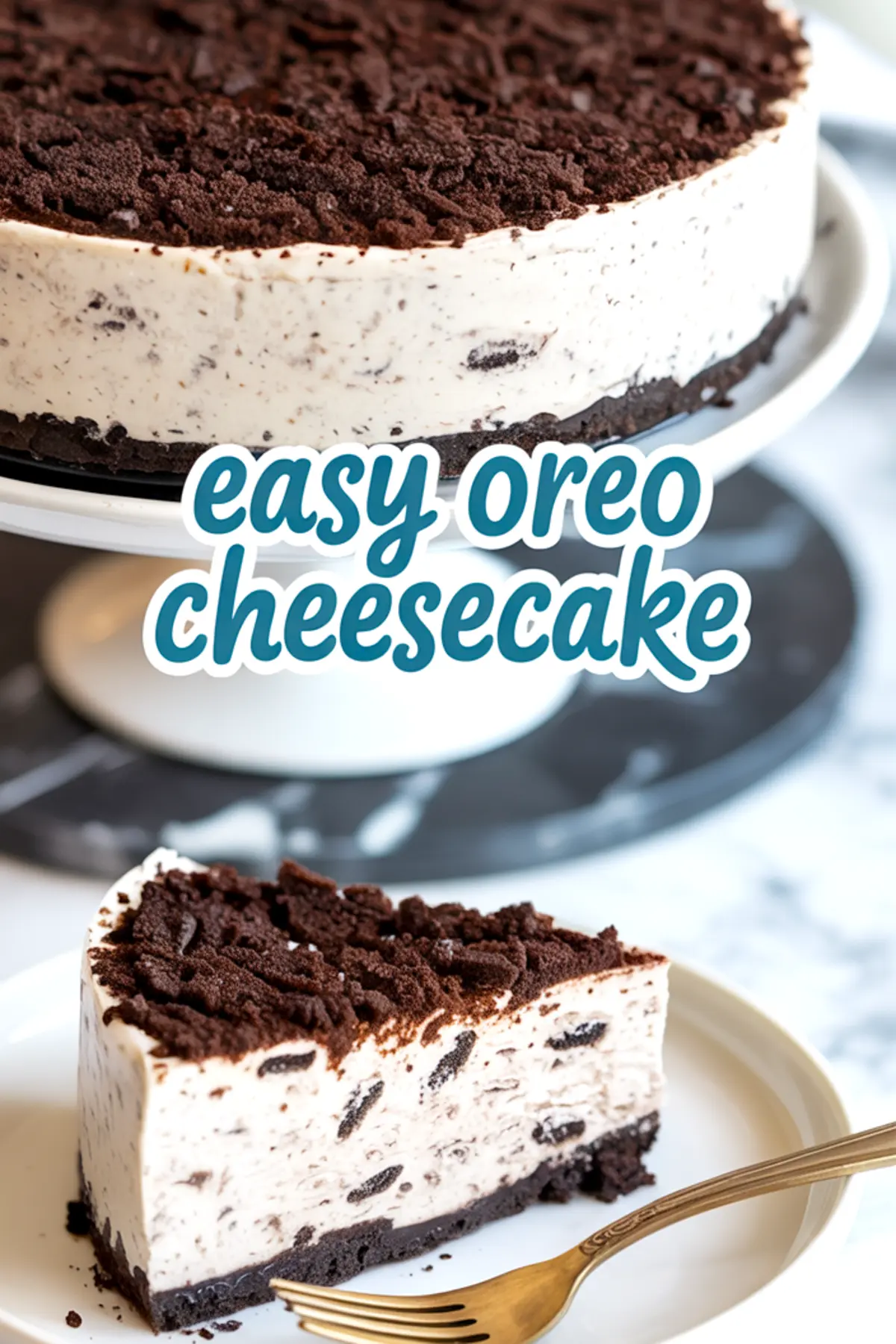 Whole Oreo cheesecake on a white cake stand with a chocolate cookie crust and cookie crumb topping—easy Oreo cheesecake for cookies and cream lovers.