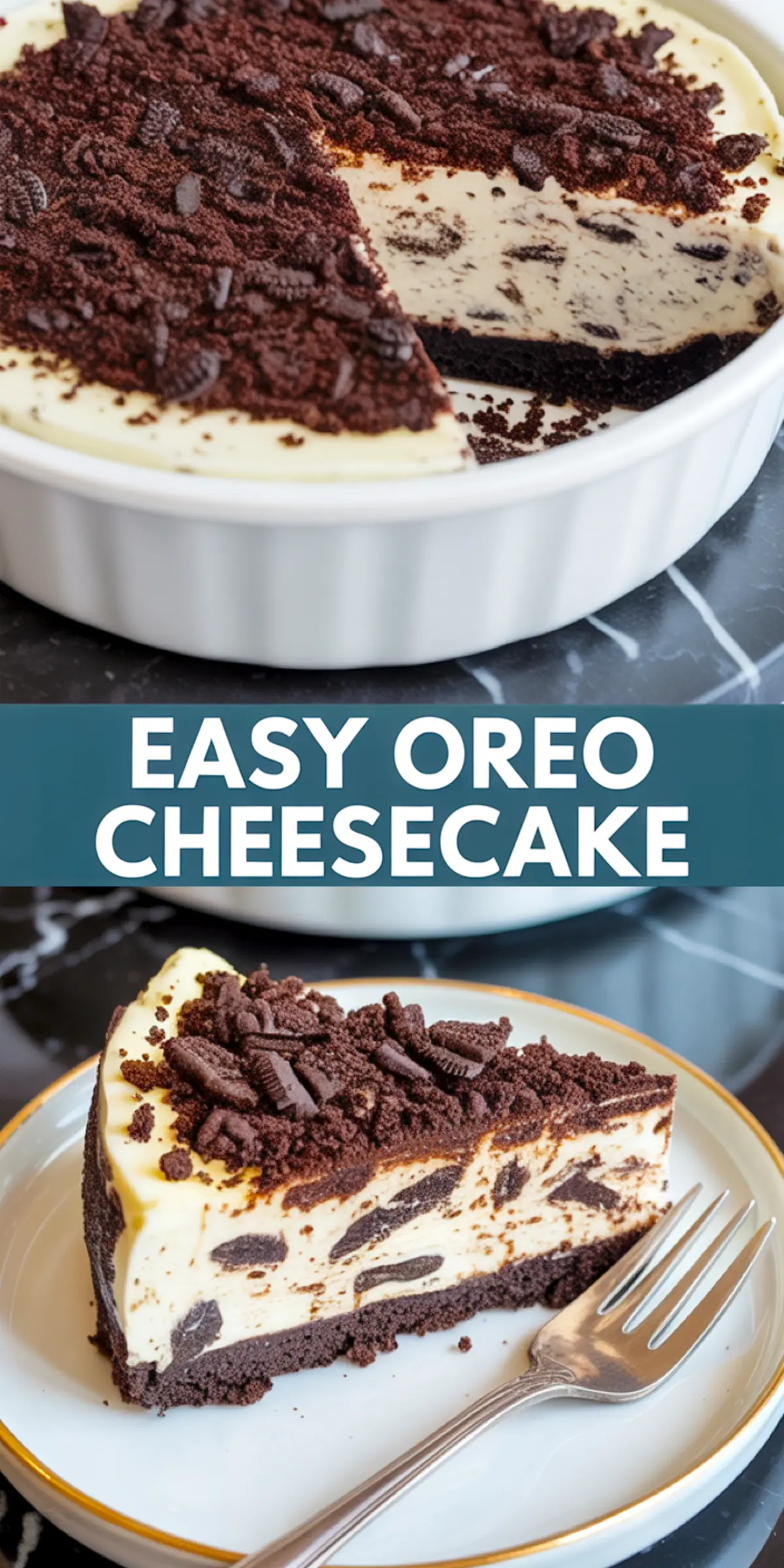 Close-up slice of no bake Oreo cheesecake with chocolate crust and crushed cookie topping—great for Oreo cheesecake bars or cupcakes.