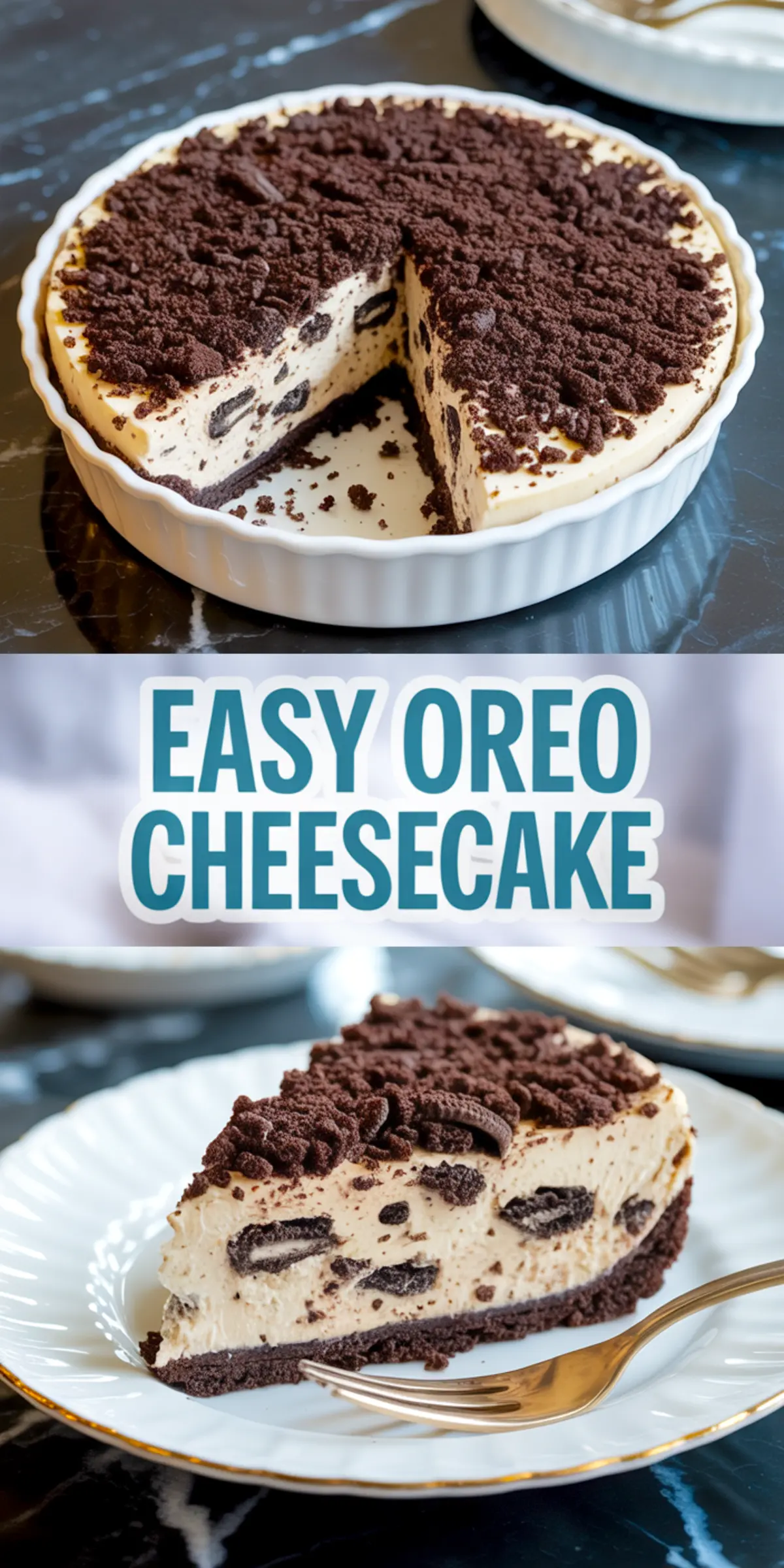 Whole Oreo cheesecake in a white ceramic pan with a missing slice, showing the cookies and cream cheesecake filling and crunchy crust.
