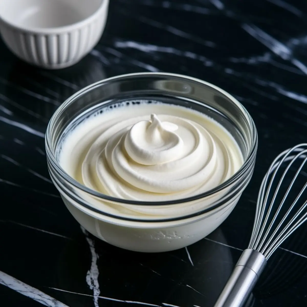 Bowl of freshly whipped cream with stiff peaks, ready to be folded into Oreo cheesecake filling for a smooth no bake texture.