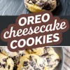 Graphic image featuring Oreo cheesecake cookies with chunks of Oreo cookies and a bold “Oreo Cheesecake Cookies” text overlay in brown and white.