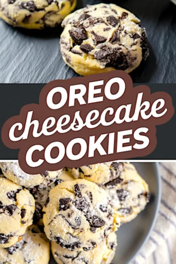 Graphic image featuring Oreo cheesecake cookies with chunks of Oreo cookies and a bold “Oreo Cheesecake Cookies” text overlay in brown and white.