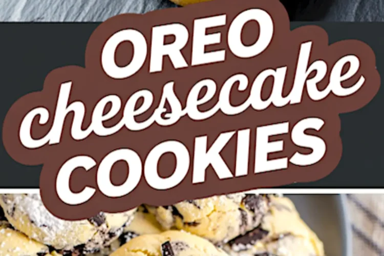 Graphic image featuring Oreo cheesecake cookies with chunks of Oreo cookies and a bold “Oreo Cheesecake Cookies” text overlay in brown and white.