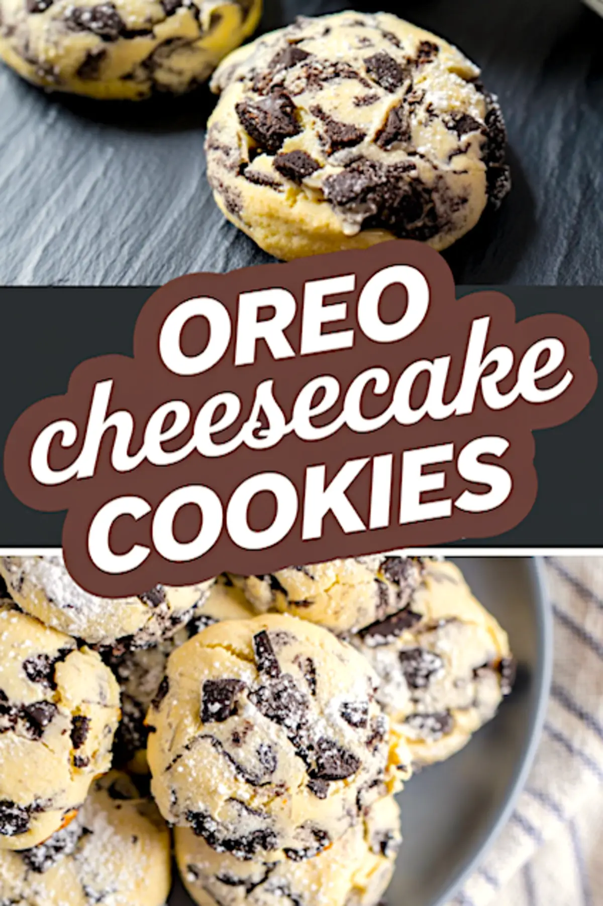 Graphic image featuring Oreo cheesecake cookies with chunks of Oreo cookies and a bold “Oreo Cheesecake Cookies” text overlay in brown and white.