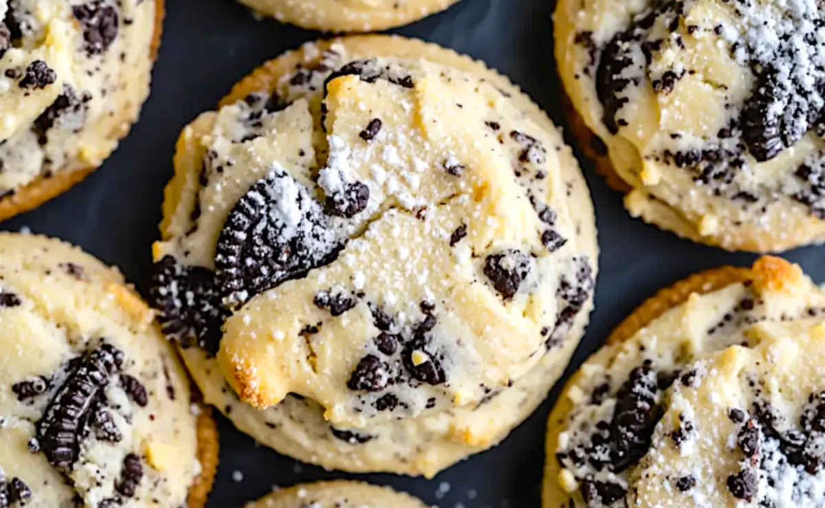 Close-up of golden Oreo cheesecake cookies dusted with powdered sugar, with chunks of Oreo cookies baked into the soft cookie tops.