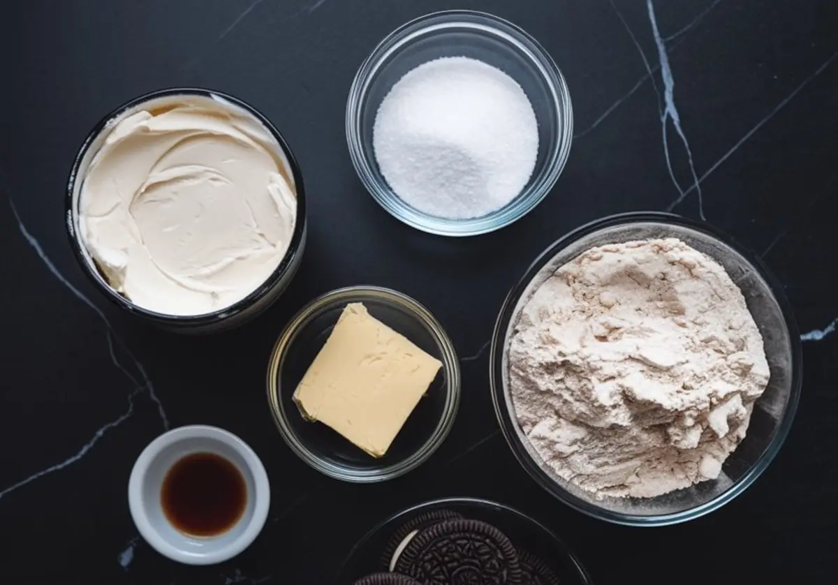 Flat lay display of Oreo cheesecake cookie ingredients in clear bowls including cream cheese, flour, sugar, butter, vanilla extract, and whole Oreo cookies.