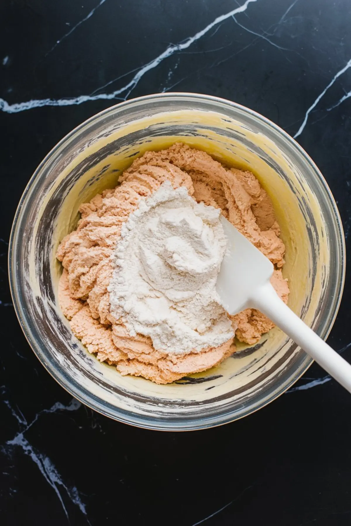 Mixing bowl with cookie dough partially combined with flour, with a white spatula resting on the side.