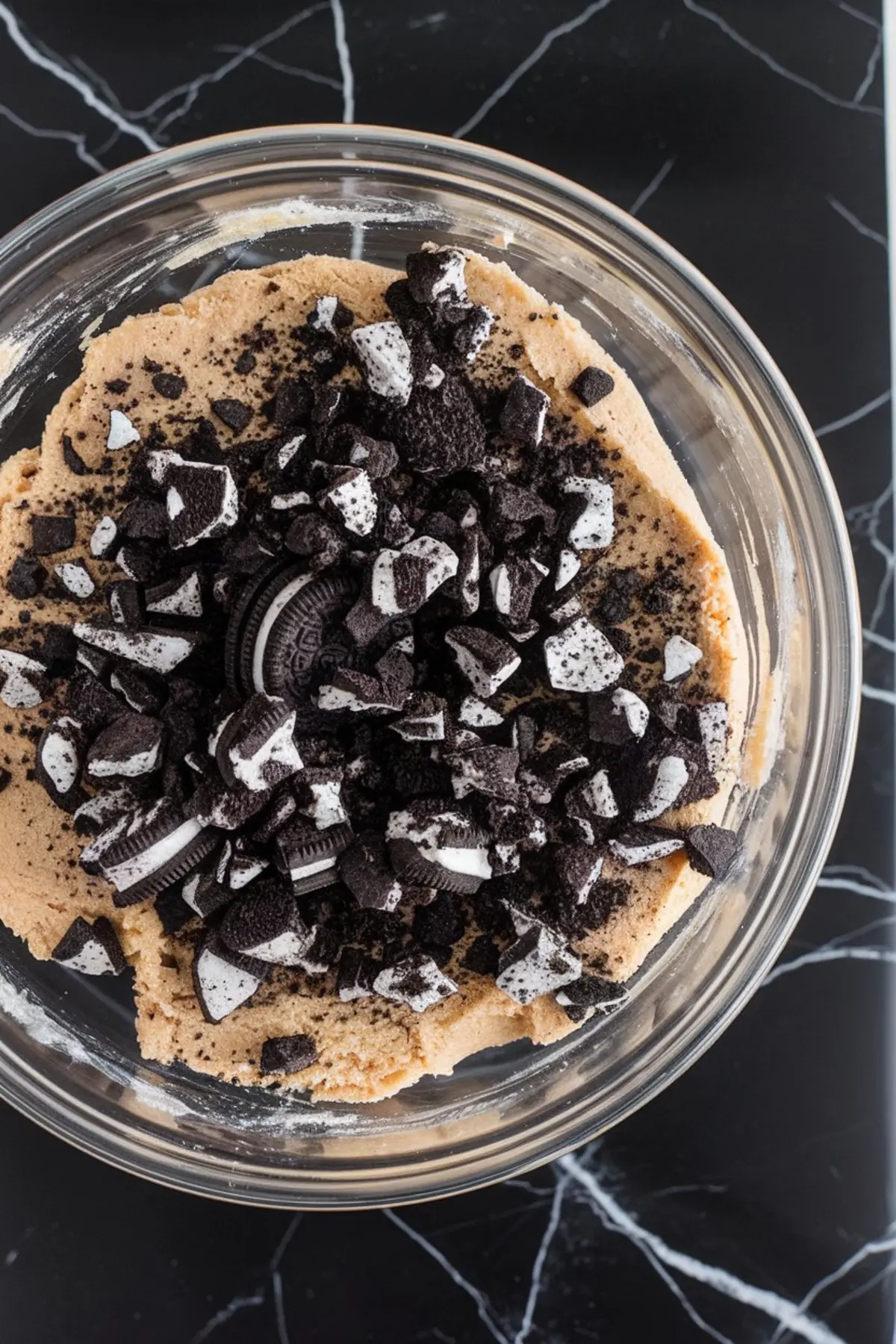 Overhead shot of a mixing bowl filled with thick cookie dough topped with crushed Oreo cookies, set against a black marble background.