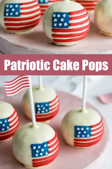 Two-part collage of patriotic cake pops covered in white chocolate and decorated with red and blue American flag designs, displayed on a pastel pink cake stand for a creative Independence Day party treat.