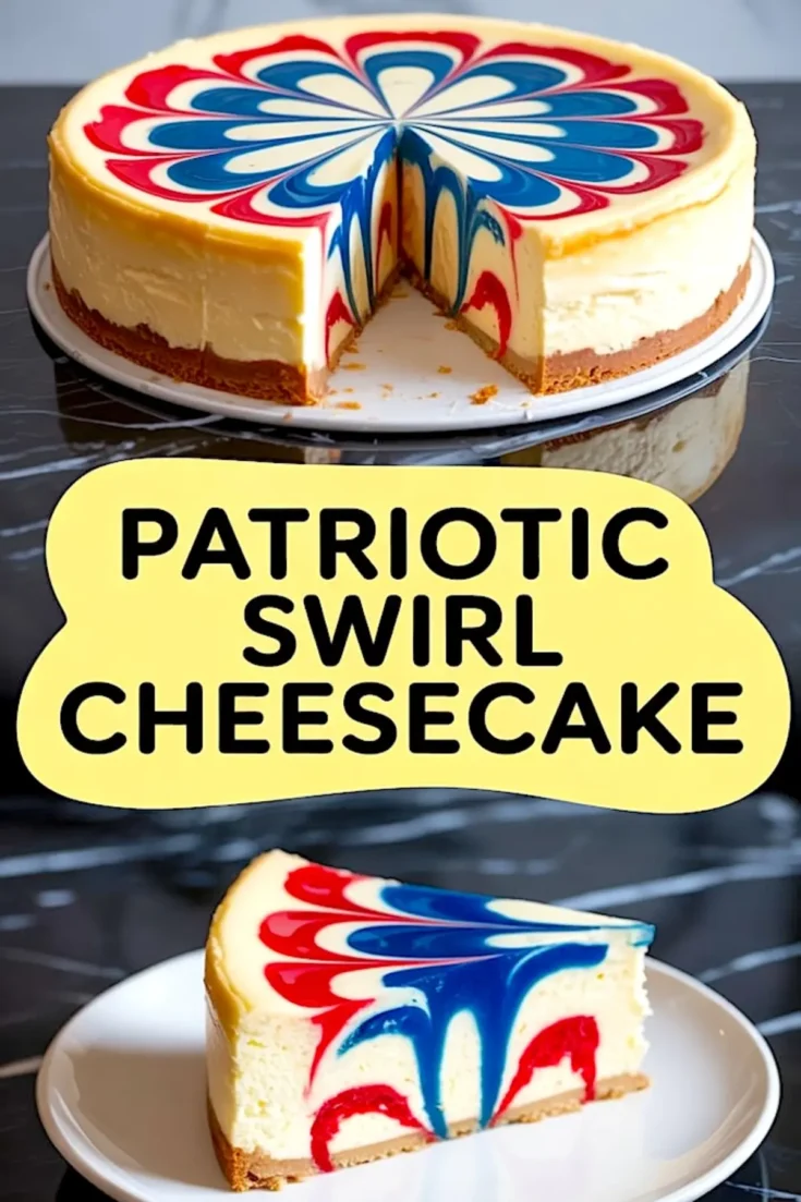 Round cheesecake with a red, white, and blue starburst swirl pattern sliced to reveal a creamy interior and golden graham cracker crust, displayed on a marble surface.