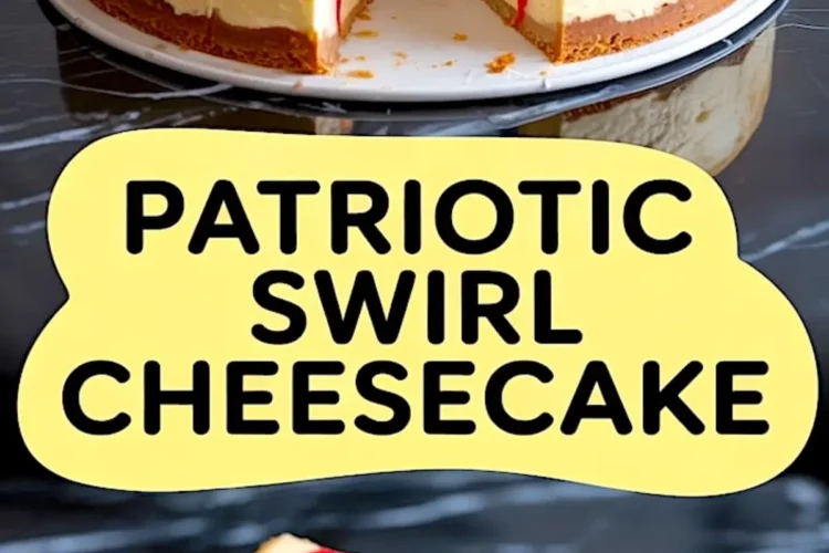 Round cheesecake with a red, white, and blue starburst swirl pattern sliced to reveal a creamy interior and golden graham cracker crust, displayed on a marble surface.