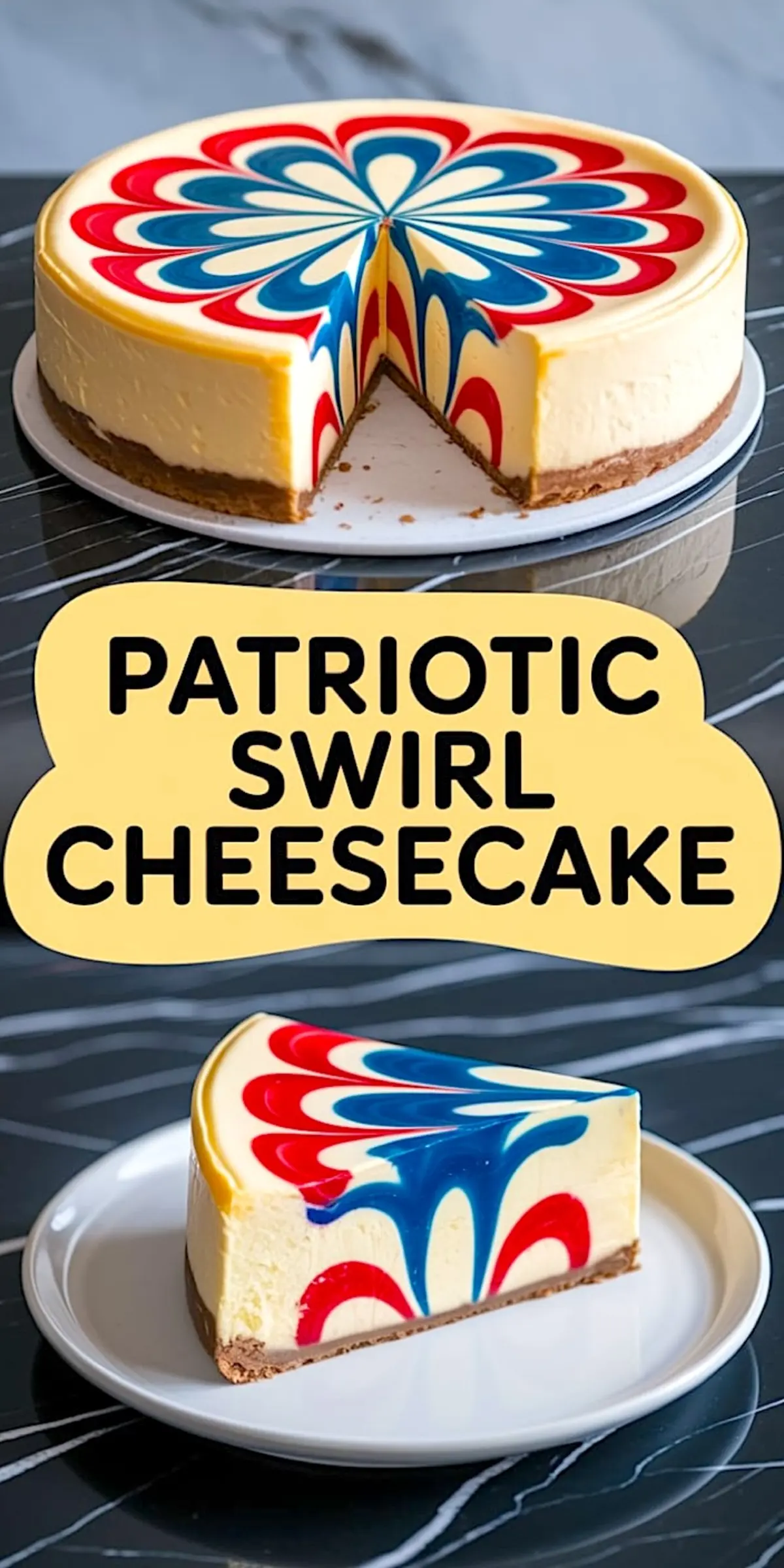 Whole patriotic swirl cheesecake with a clean wedge removed, revealing red and blue food coloring swirled into the filling, with the slice displayed separately on a white plate.