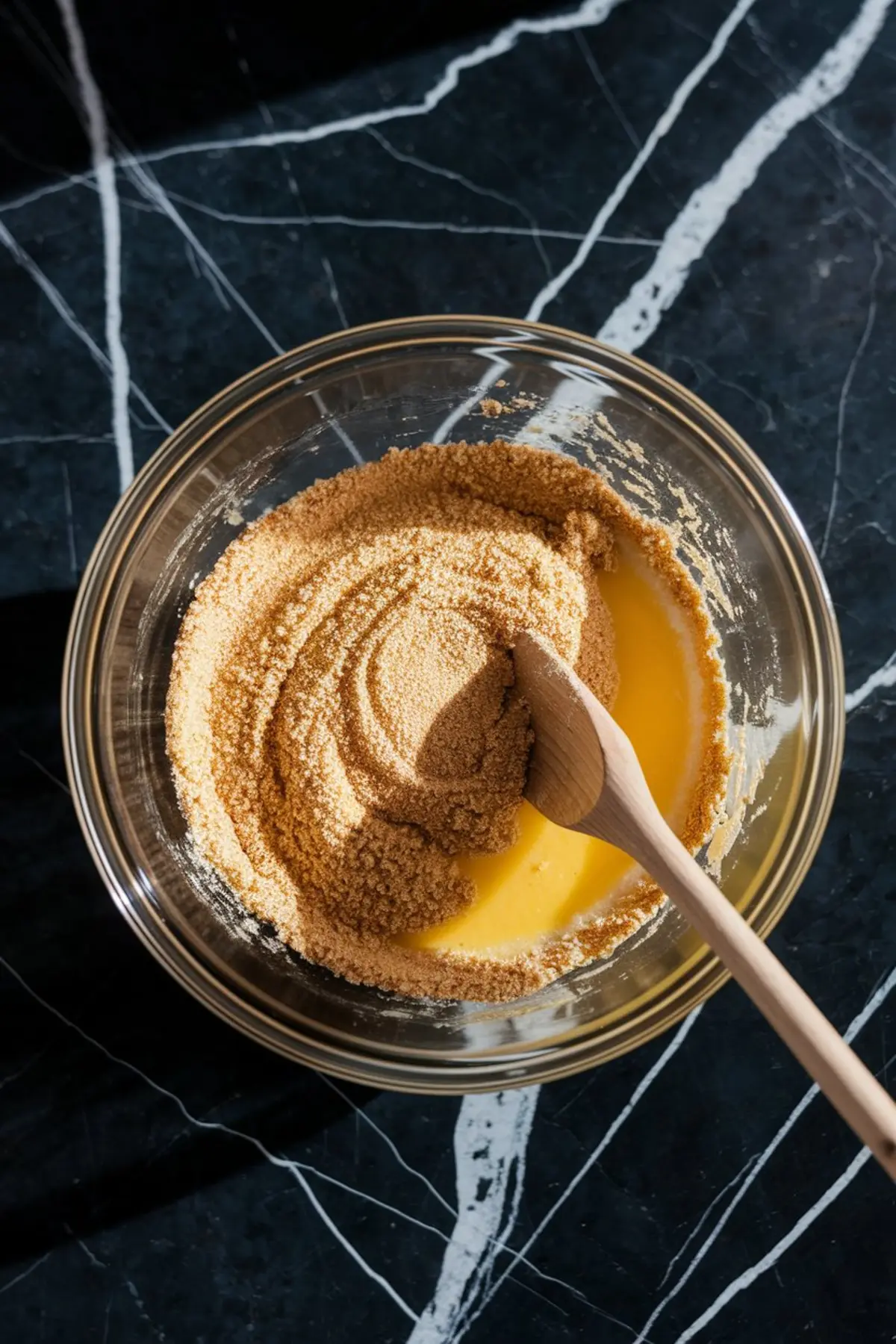 Mixing bowl containing graham cracker crumbs and melted butter being stirred with a wooden spoon to create a cheesecake crust base.