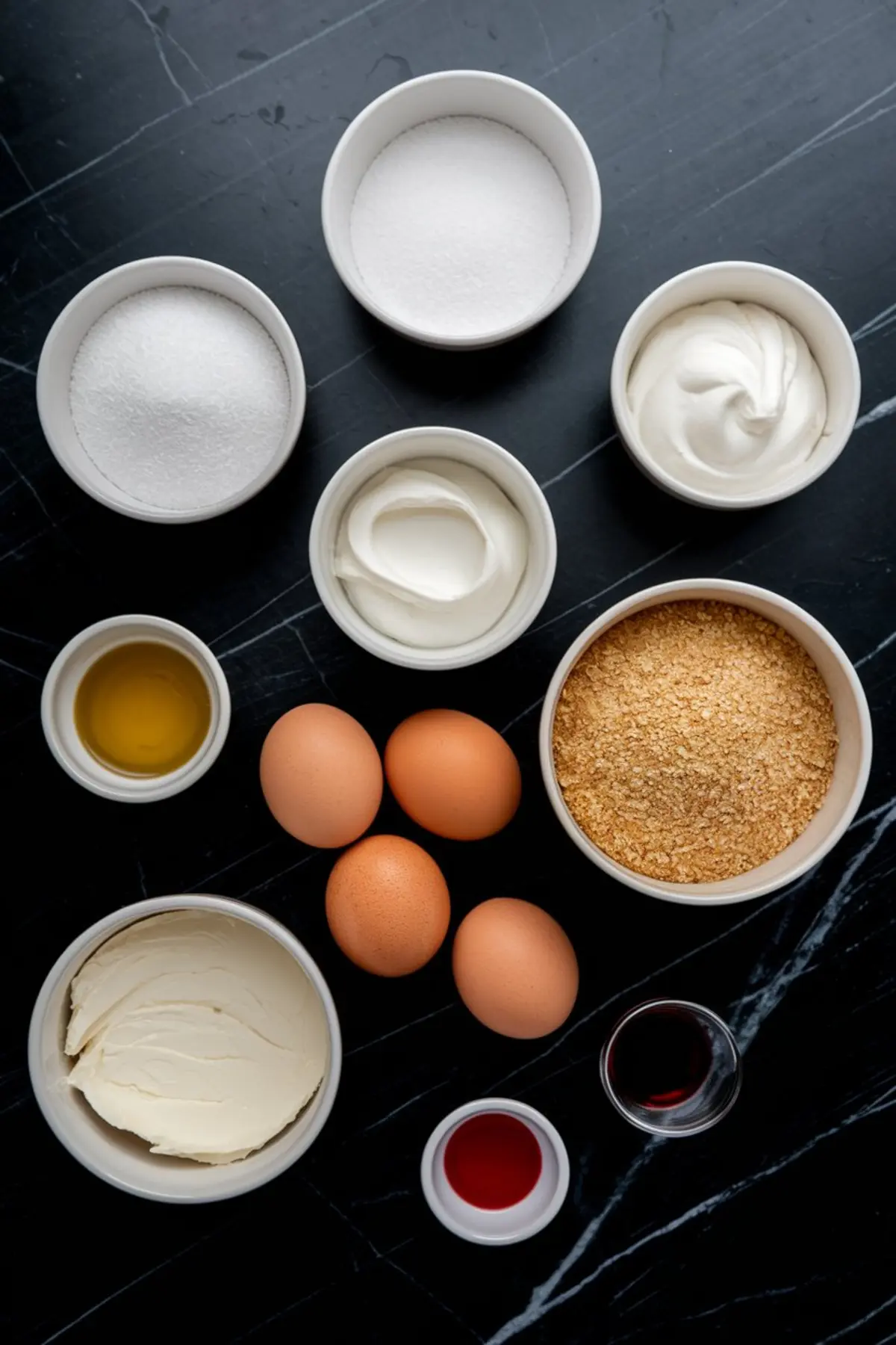 Overhead shot of ingredients for cheesecake including cream cheese, sour cream, sugar, eggs, vanilla extract, graham cracker crumbs, and red and blue food coloring arranged in small bowls.