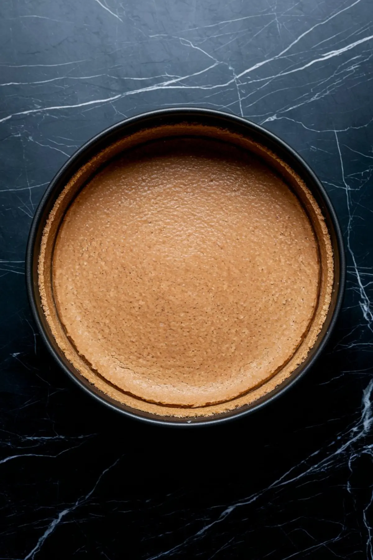 Baked graham cracker crust set in a springform pan with even thickness and a golden-brown color, ready for cheesecake filling.