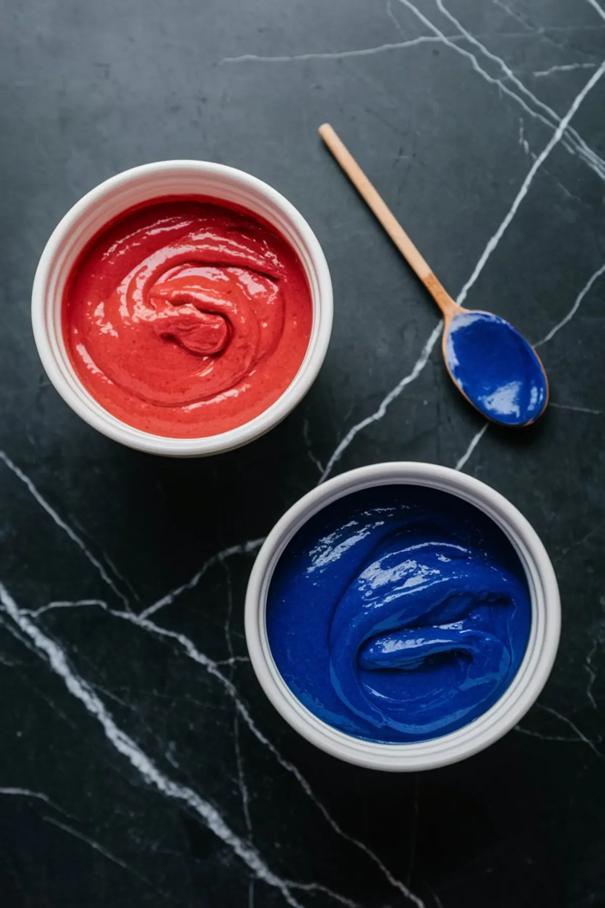 Two small bowls filled with vividly colored red and blue batter, placed beside a wooden spoon with a swirl of blue on it, ready for marbling the cheesecake.