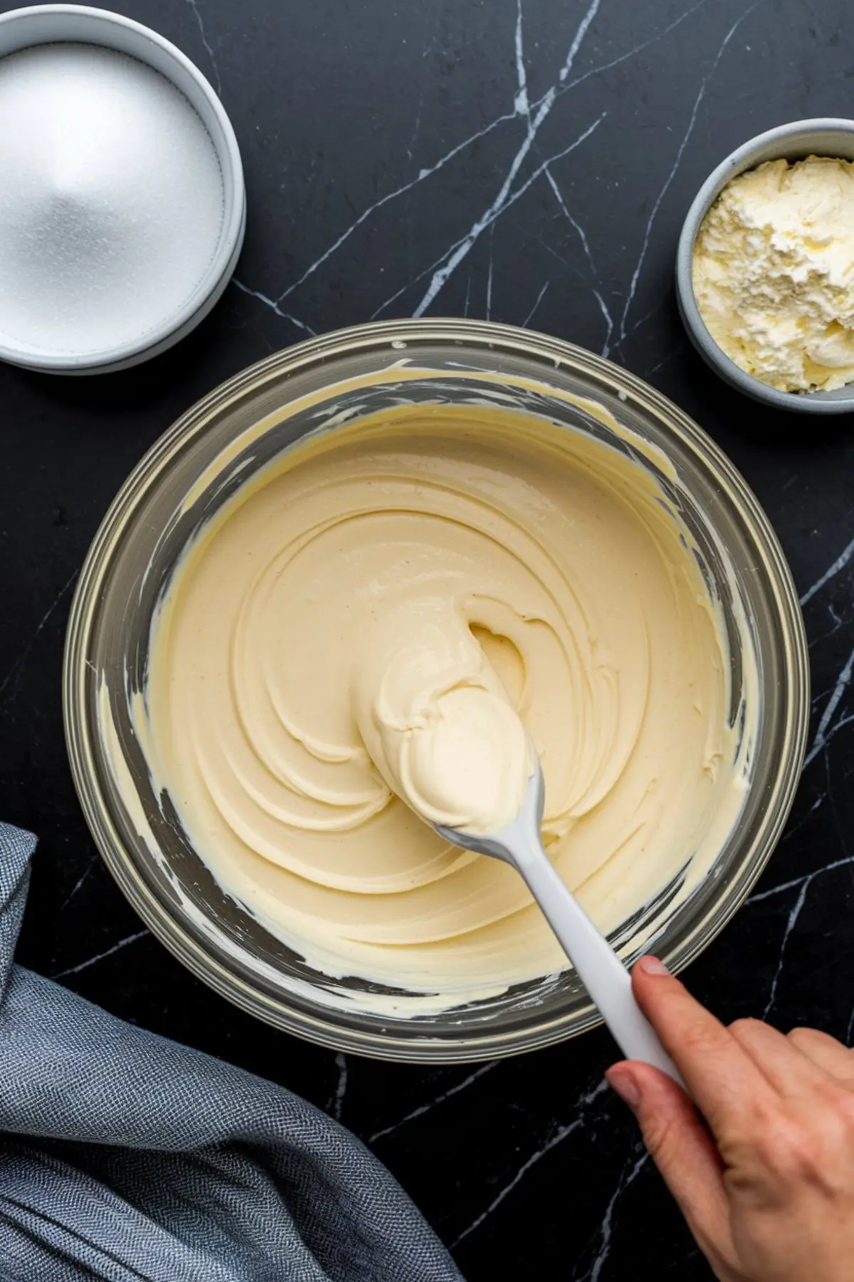 Thick and smooth cheesecake batter being stirred in a glass bowl with a white spatula, surrounded by ingredients on a dark marble counter.